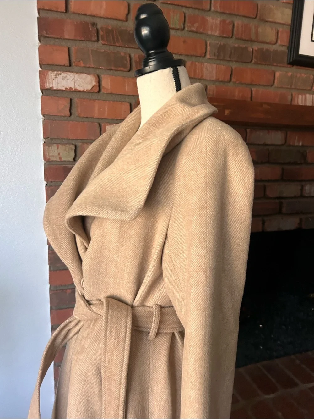 Rachel Parcell Herringbone Long Wool Blend Wrap Coat in Tan Sz S - Picture 5 of 11
